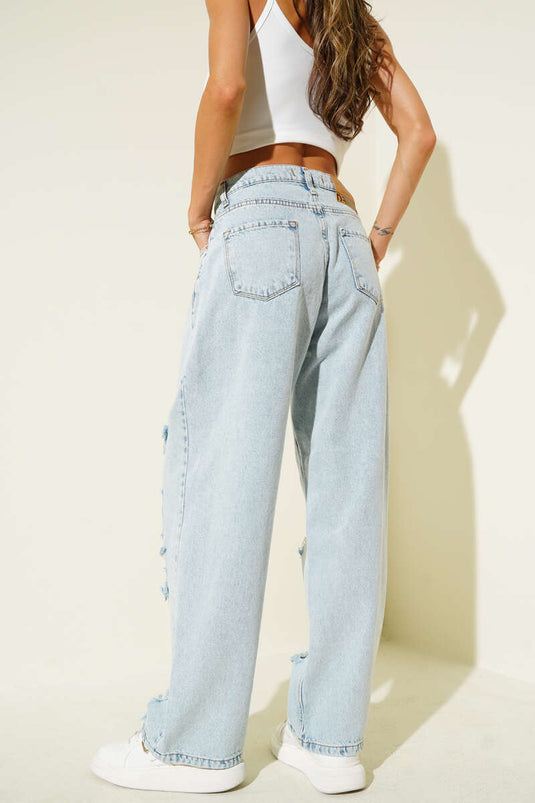 Wide Leg Jeans with Ripped Detail - Light Snow