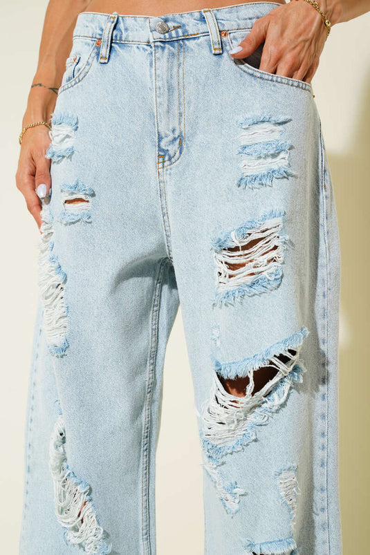 Wide Leg Jeans with Ripped Detail - Light Snow