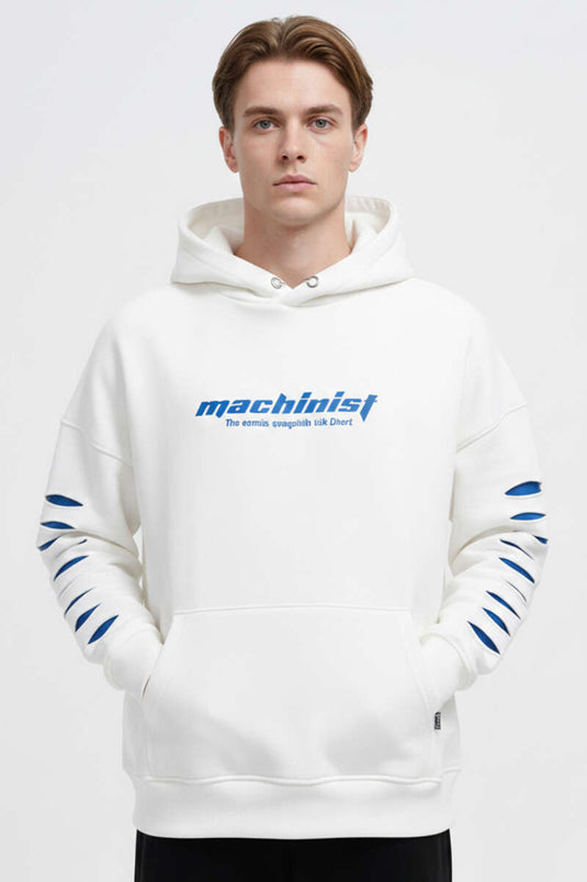 Yırtık Efektli Nakışlı Erkek Sweatshirt Ekru