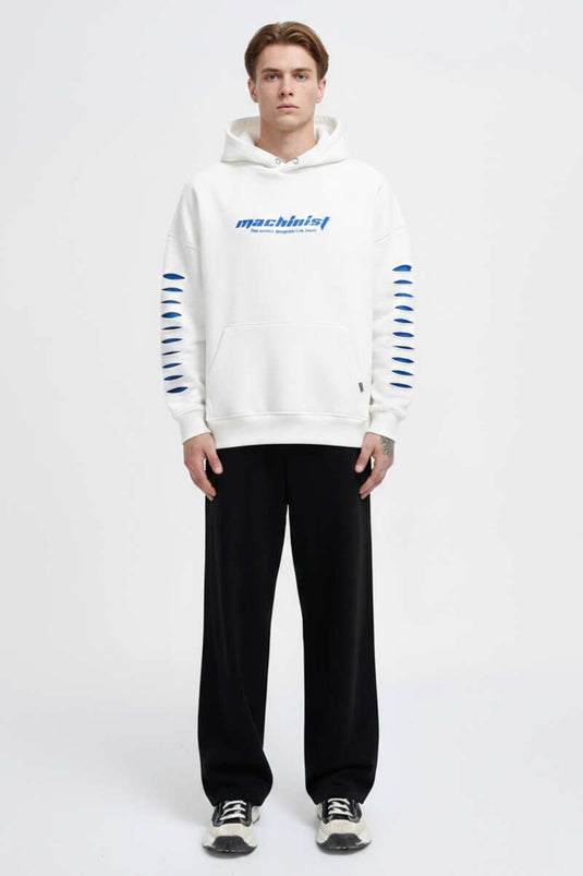 Yırtık Efektli Nakışlı Erkek Sweatshirt Ekru