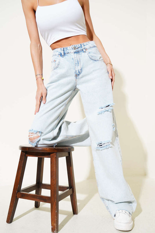 Jean palazzo déchiré bleu glacier