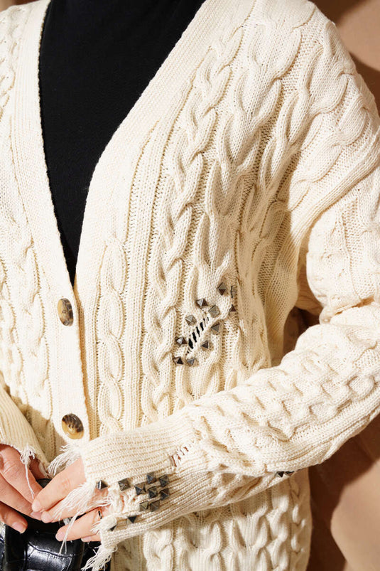 Cardigan Maille Boutonné Déchiré Ecru