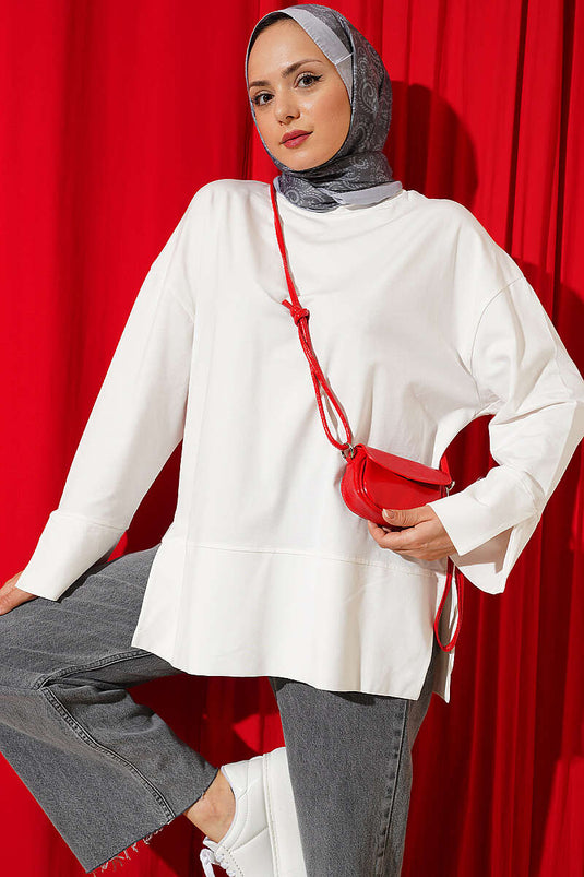 Yırtmaç Detaylı Basic Tunik Beyaz