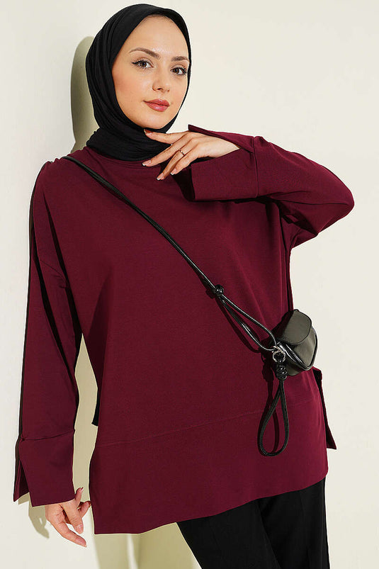 Yırtmaç Detaylı Basic Tunik Bordo