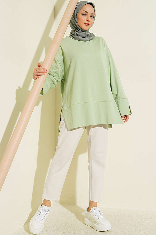 Yırtmaç Detaylı Basic Tunik Su Yeşili