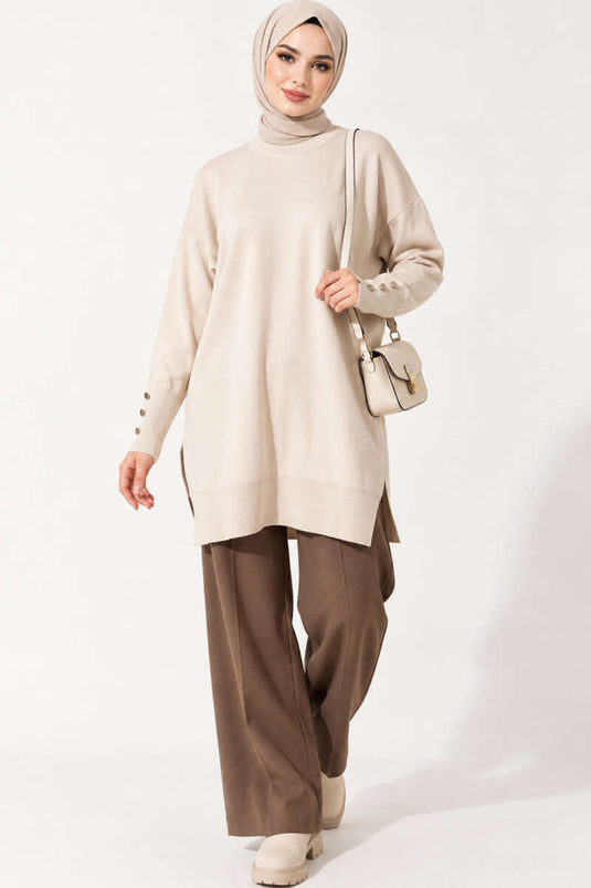 Beige Mercerized Tuniek Met Split En Knopen