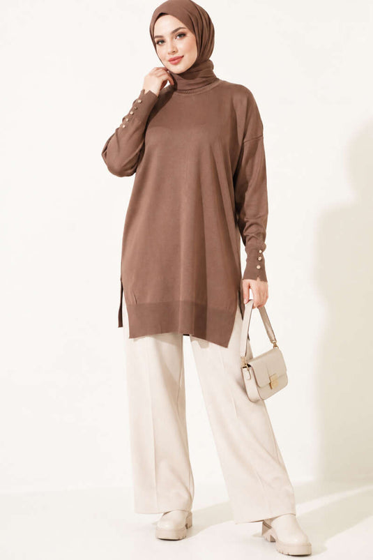 Slit Detail Buttoned Mercerized Tunic Latte
