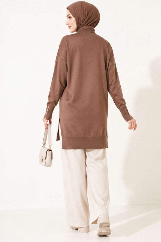 Slit Detail Buttoned Mercerized Tunic Latte