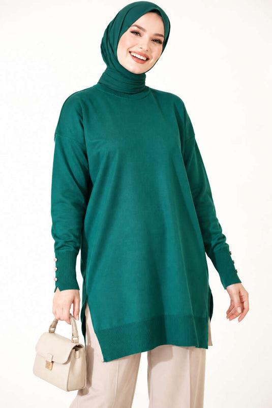 Emerald Slit Detail Buttoned Mercerized Tunic