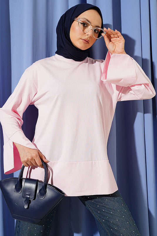 Yırtmaç Detaylı Geniş Kollu Tunik Pembe