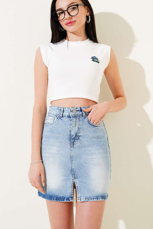 Yırtmaç Detaylı Mini Kot Etek Kot Mavisi