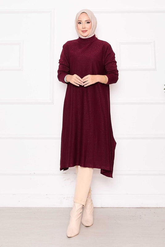 Glitzernde Mevlana-Stricktunika mit Schlitzdetail in Burgunderrot
