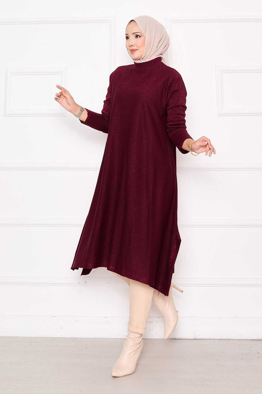 Glitzernde Mevlana-Stricktunika mit Schlitzdetail in Burgunderrot
