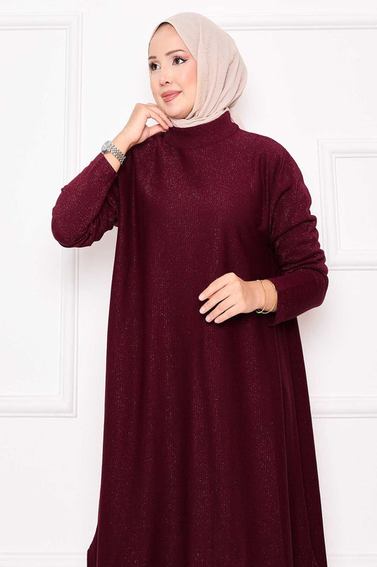 Glitzernde Mevlana-Stricktunika mit Schlitzdetail in Burgunderrot