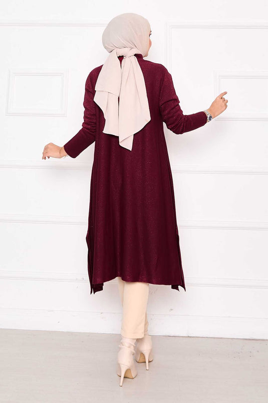 Glitzernde Mevlana-Stricktunika mit Schlitzdetail in Burgunderrot
