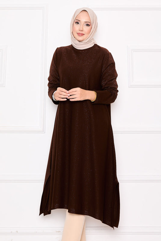 Slit Detailed Glittery Mevlana Knit Tunic Brown