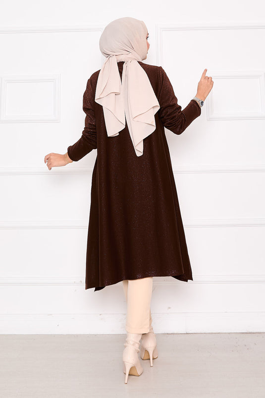 Tunique en tricot Mevlana pailleté avec fentes et détails marron