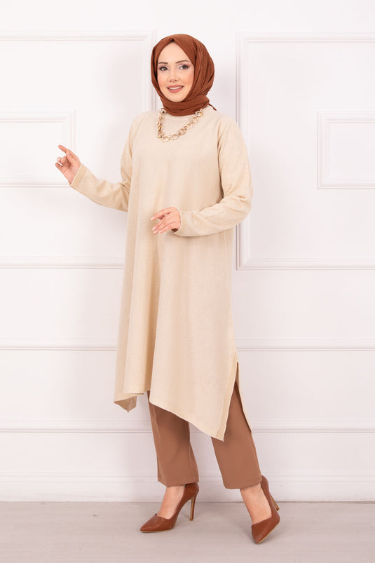 Slit Detailed Glittery Mevlana Knit Tunic Cream