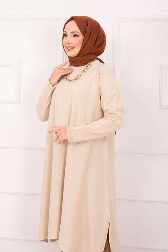 Slit Detailed Glittery Mevlana Knit Tunic Cream