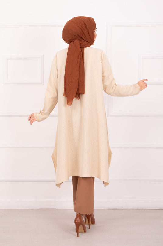 Yırtmaç Detaylı Simli  Mevlana Triko Tunik Krem