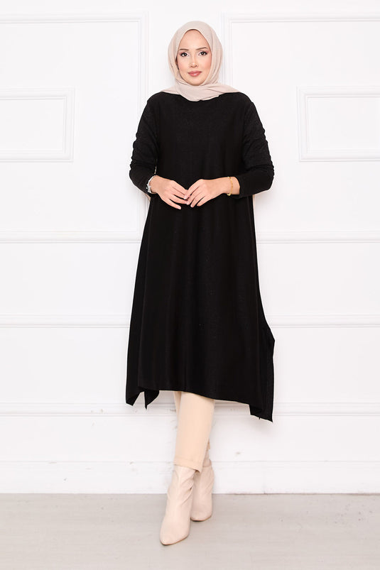 Tunique Mevlana en maille pailletée avec fente et détails raffinés, noire