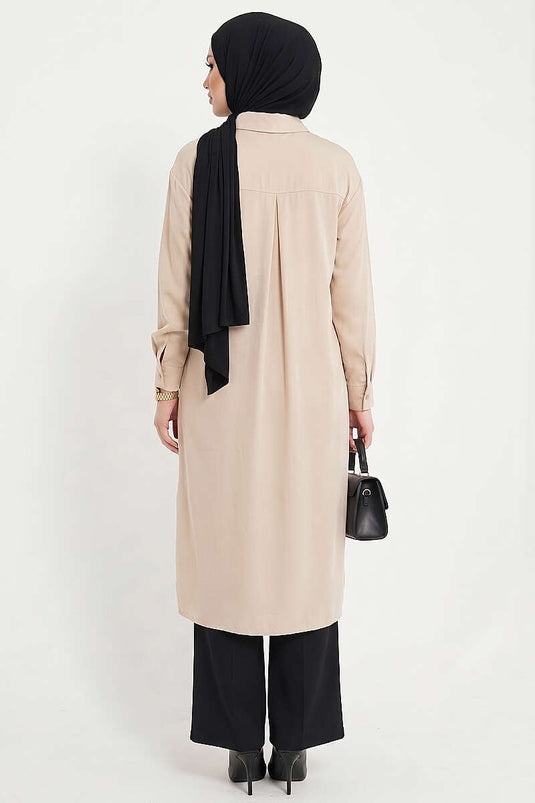 Tunika lunga in tensel con dettaglio spacco beige