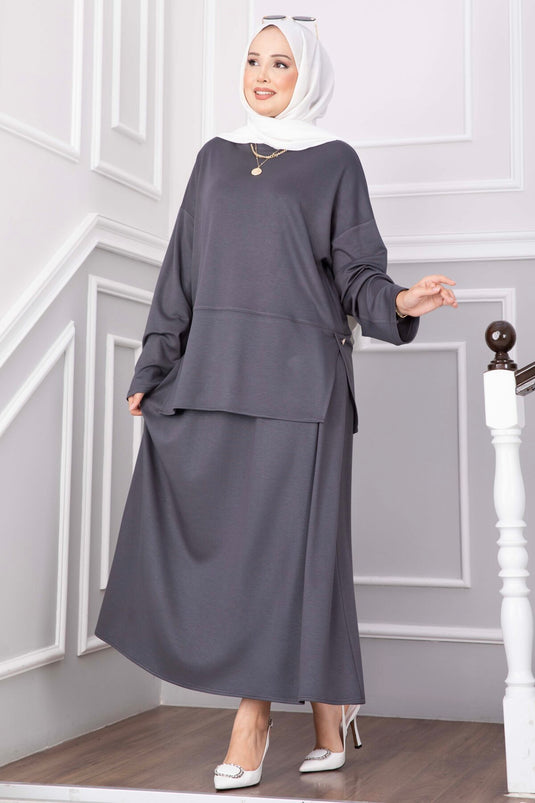 Yırtmaç Detaylı Tunik Etek Oyşo Takım Füme