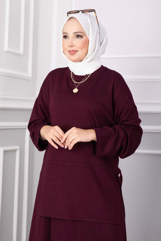 Yırtmaç Detaylı Tunik Etek Oyşo Takım Mürdüm