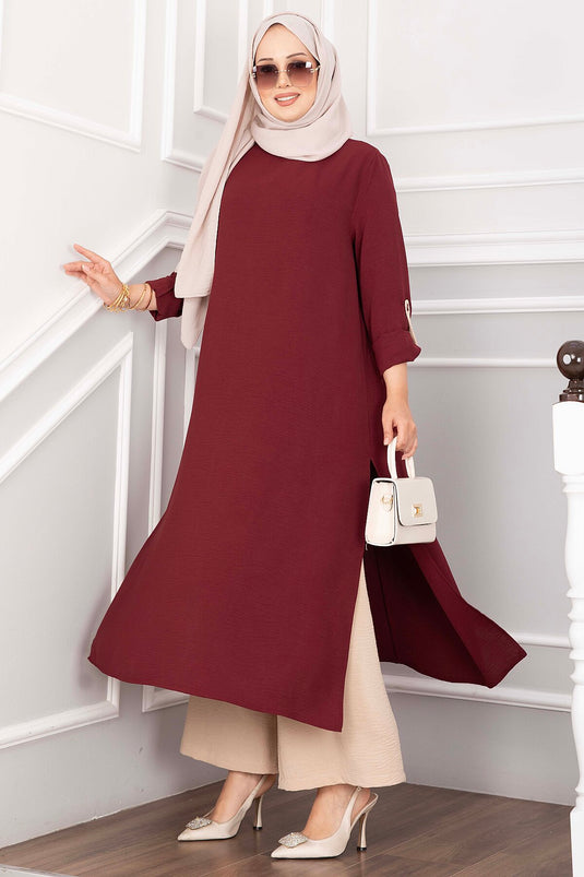 Yırtmaç Detaylı Uzun Tunik Pantolon Takım Bordo