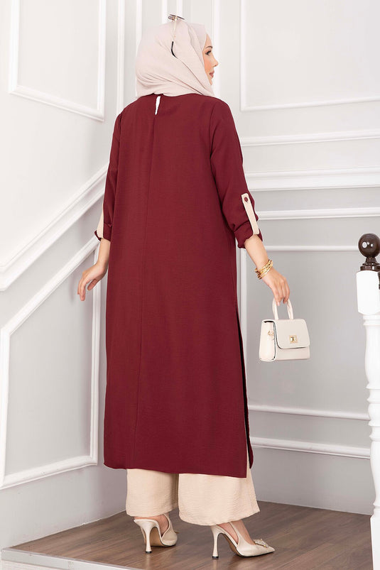 Yırtmaç Detaylı Uzun Tunik Pantolon Takım Bordo