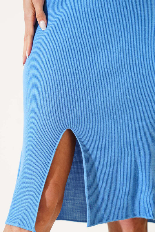 Slit Elastic Waist Midi Knit Skirt Indigo