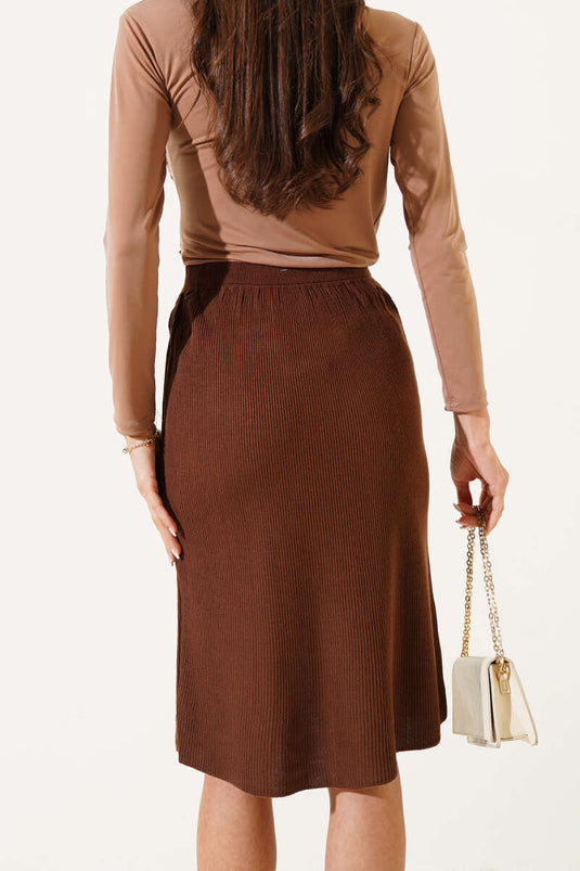 Slit Elastic Waist Midi Knit Skirt Brown