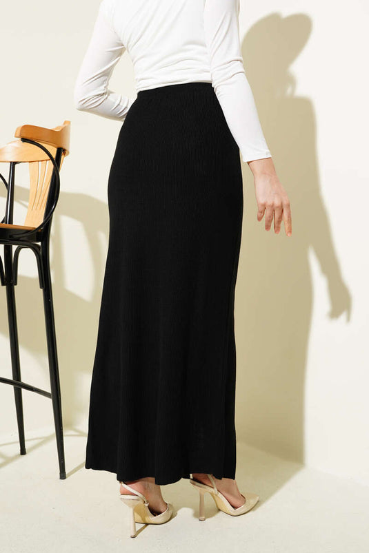 Slit Elastic Waist Knit Skirt Black