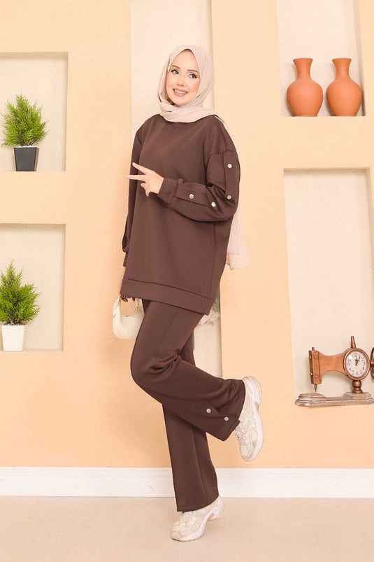 Slit and Snap Detailed Hijab Two Piece Set Brown