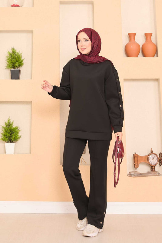 Slit and Snap Detailed Hijab Two Piece Set Black