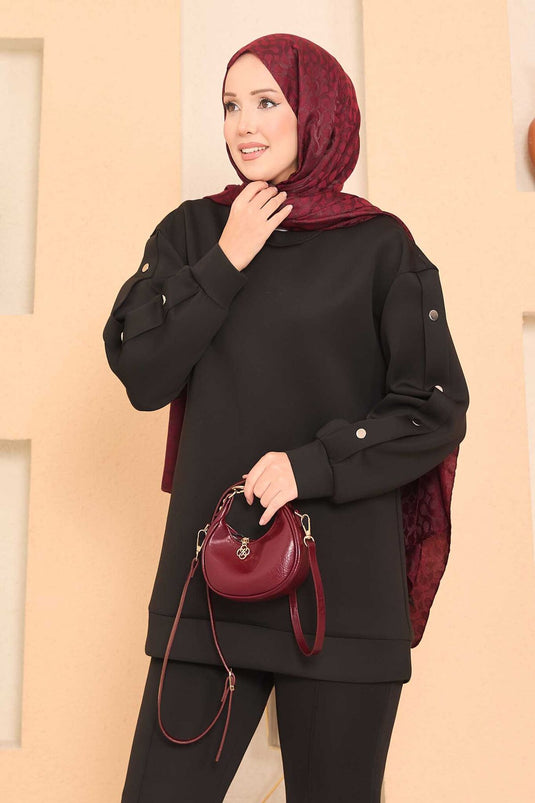 Slit and Snap Detailed Hijab Two Piece Set Black