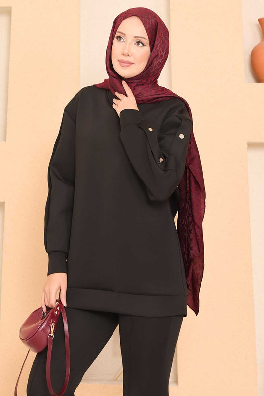 Slit and Snap Detailed Hijab Two Piece Set Black
