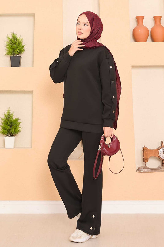 Slit and Snap Detailed Hijab Two Piece Set Black