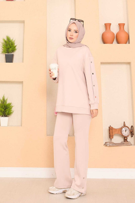 Slit and Snap Detailed Hijab Two Piece Set Stone