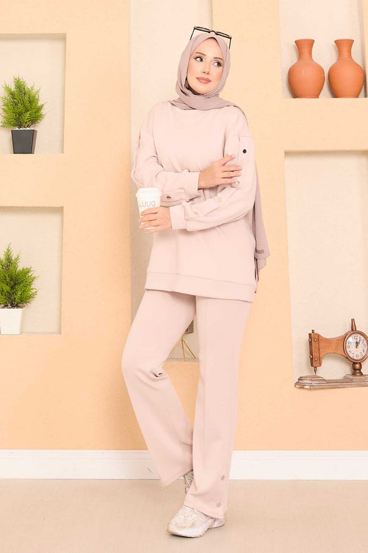 Yırtmaçlı Çıtçıt Detaylı Tesettür İkli Takım Taş