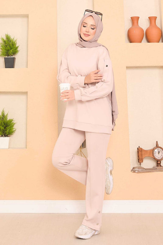 Slit and Snap Detailed Hijab Two Piece Set Stone