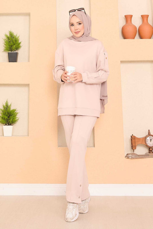 Slit and Snap Detailed Hijab Two Piece Set Stone