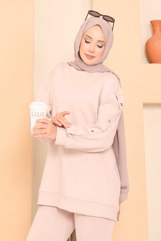 Slit and Snap Detailed Hijab Two Piece Set Stone