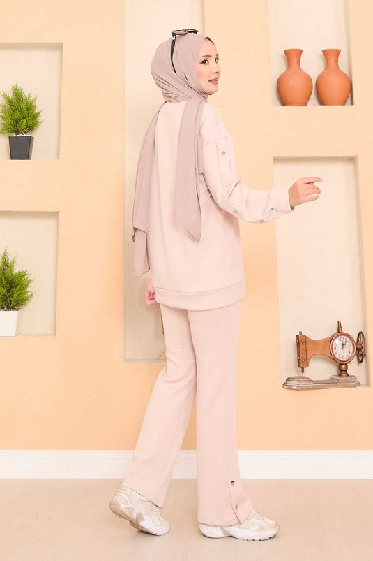 Slit and Snap Detailed Hijab Two Piece Set Stone