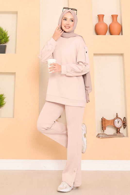 Slit and Snap Detailed Hijab Two Piece Set Stone