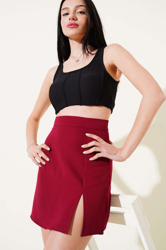 Minigonna con spacco e cerniera bordeaux