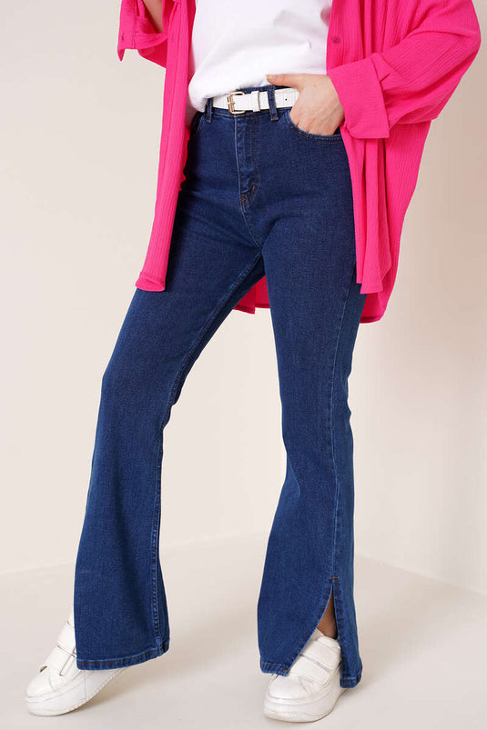 Pantalon Jean Jambe Évasée Fente Bleu Foncé