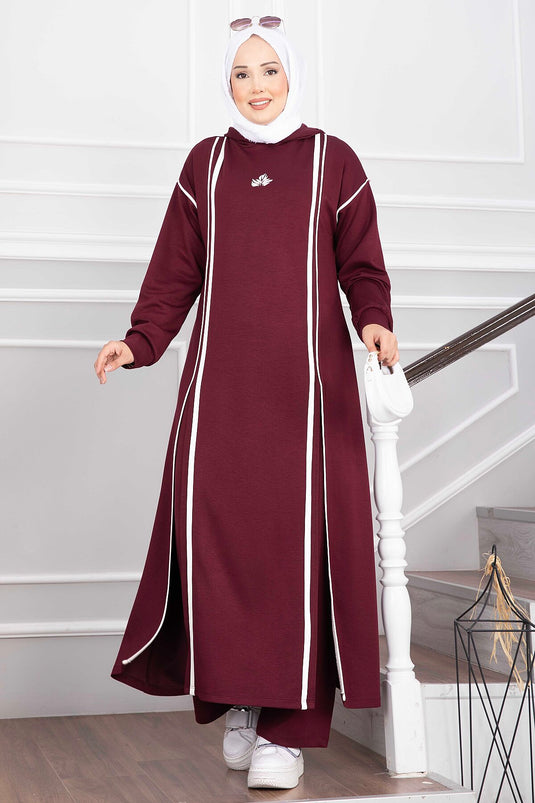 Ensemble Tunique Et Pantalon À Capuche Bordeaux Avec Fente