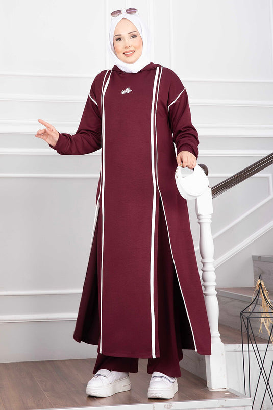 Ensemble Tunique Et Pantalon À Capuche Bordeaux Avec Fente