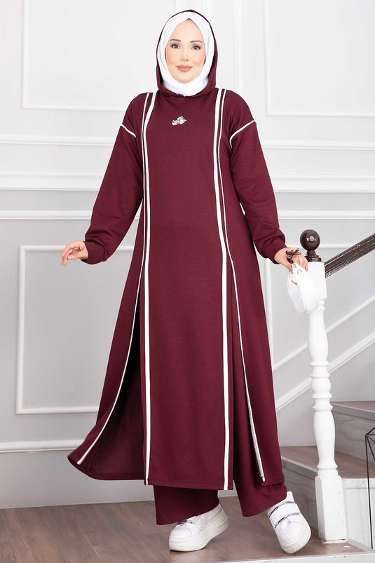 Ensemble Tunique Et Pantalon À Capuche Bordeaux Avec Fente